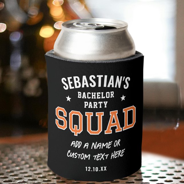 Personalized Bachelor Party Squad Orange Black Can Cooler (Creator Uploaded)