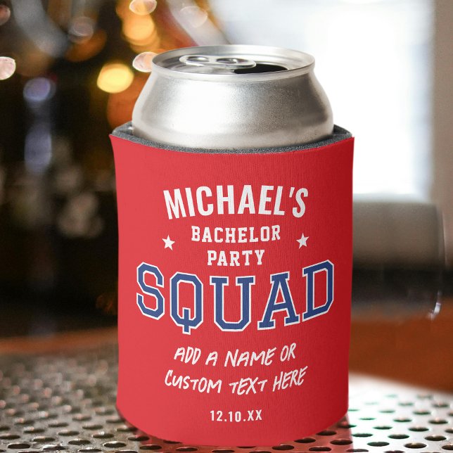 Personalized Bachelor Party Squad Red Navy Can Cooler (Creator Uploaded)
