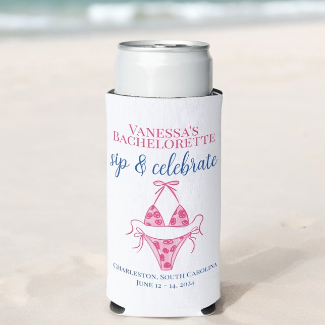 Personalized Bachelorette Bikini Sip and Celebrate Seltzer Can Cooler (Creator Uploaded)