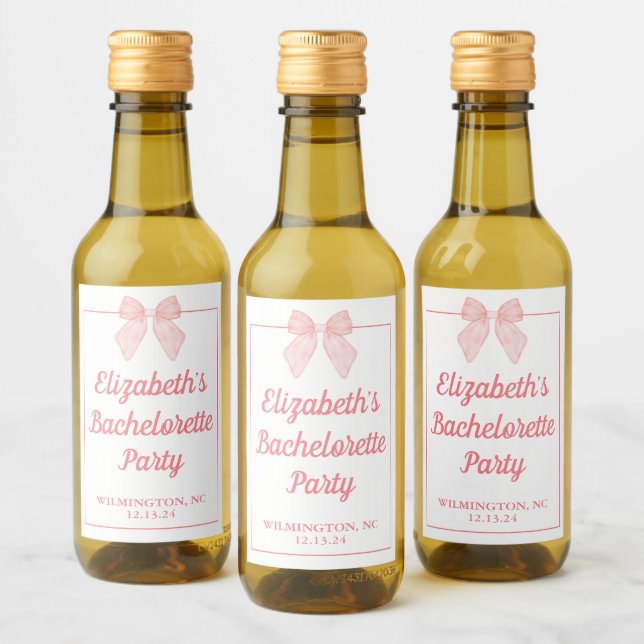Personalized Bachelorette Birthday Pink Bow Mini Wine Label (Bottles)