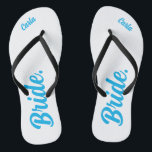 Personalized Bachelorette Bride sky blue and white Flip Flops<br><div class="desc">bride,  bachelorette,  bridal party,  personalized bride,   flip-flops bachelorette,   party gift,  custom bride gift,  wedding,  honey moon,  bridal shower gift</div>