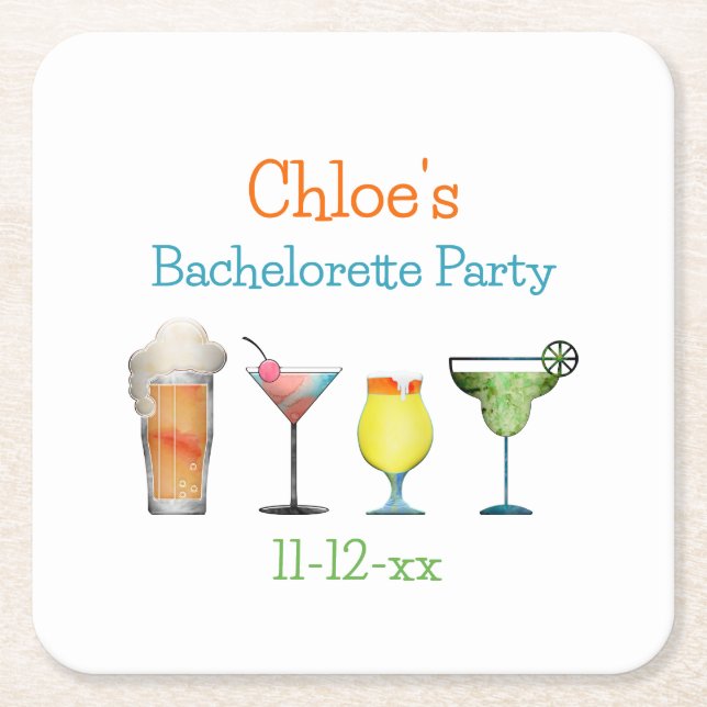 Personalized Bachelorette Party Name Date  Square Paper Coaster (Front)