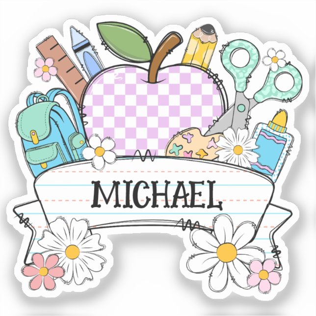 Personalized Back-to-School Supplies with Apple 2 Sticker (Front)