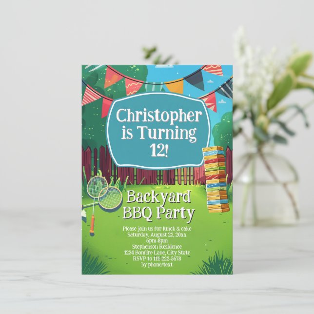 Personalized Backyard Games BBQ Birthday Party Invitation (Standing Front)