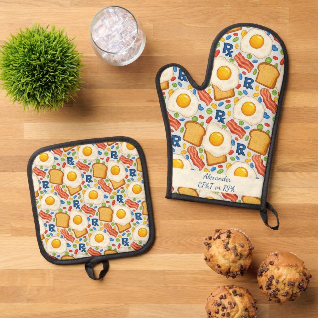 Personalized Bacon & Eggs Pharmacy RX Oven Mitt & Pot Holder Set (Top Down)