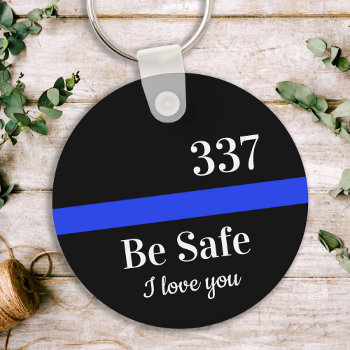 Personalized Badge Number Thin Blue Line Police Keychain by BlackDogArtJudy at Zazzle