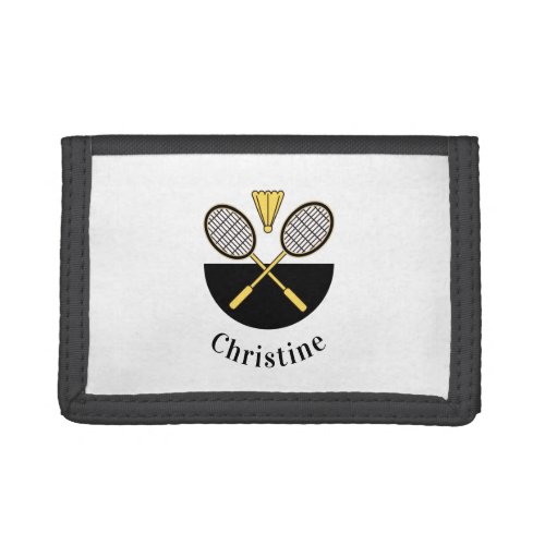 Personalized Badminton Rackets Birdie Yellow Black Trifold Wallet