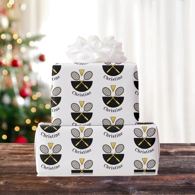 Personalized Badminton Rackets Birdie Yellow Black Wrapping Paper (Creator Uploaded)