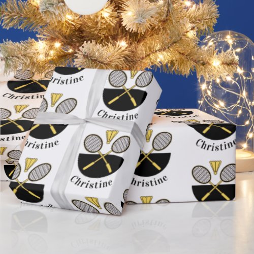 Personalized Badminton Rackets Birdie Yellow Black Wrapping Paper