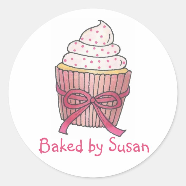 Personalized Baked By Baking Pink Cupcake Cake Classic Round Sticker (Front)