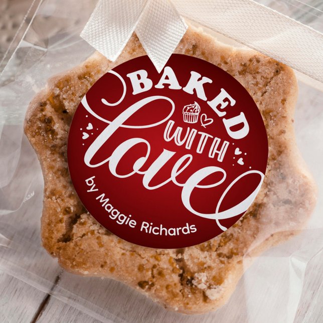 Personalized Baked With Love Holiday Red Baking Classic Round Sticker (Creator Uploaded)