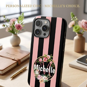 Personalized Balck Pink Stripe Floral Custom Name iPhone 16 Pro Max Case