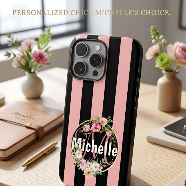 Personalized Balck Pink Stripe Floral Custom Name Case-Mate iPhone Case (Creator Uploaded)