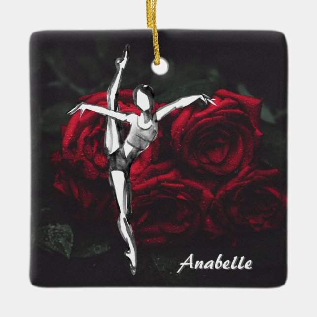 Personalized Ballerina and Roses Ballet Christmas Ceramic Ornament (Front)