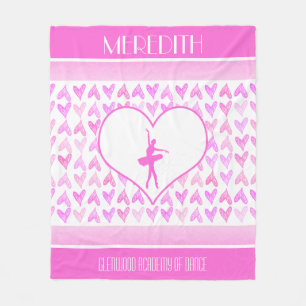 Personalized Ballet Dancer Pink Watercolor Hearts Fleece Blanket