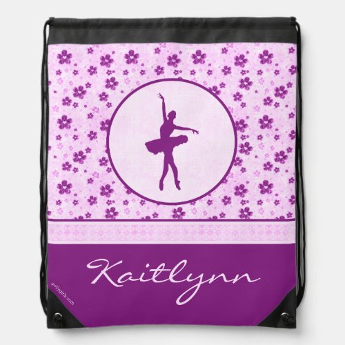 Personalized Ballet Dancer Purple Heart Floral Drawstring Bag