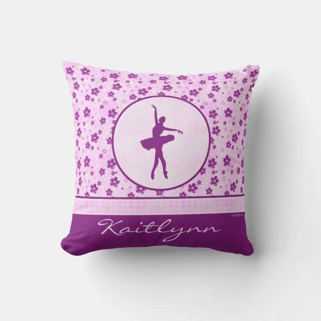 Personalized Ballet Dancer Purple Heart Floral Throw Pillow (Front)