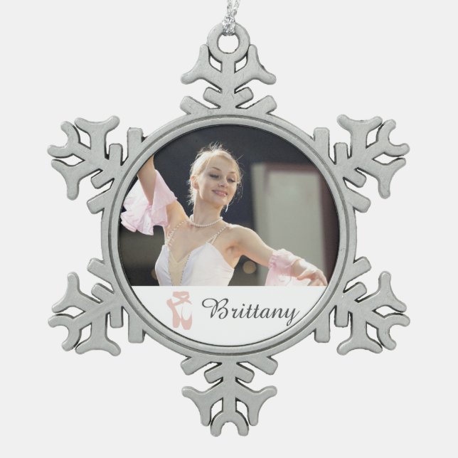 Personalized Ballet Photo Ballerina Name Slippers Snowflake Pewter Christmas Ornament (Front)