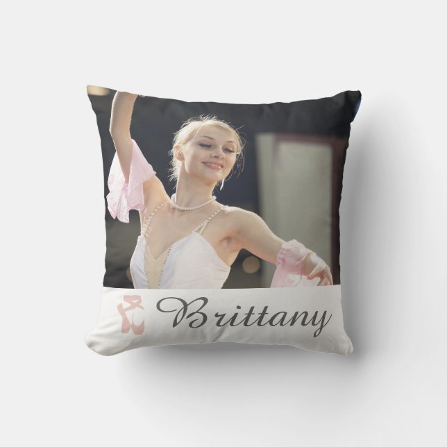 Personalized Ballet Photo Ballerina Name Slippers Throw Pillow (Front)