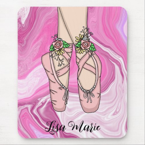 Personalized Ballet Slippers Pink and White Marble Mouse Pad