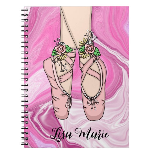Personalized Ballet Slippers Pink and White Marble Notebook (Front)