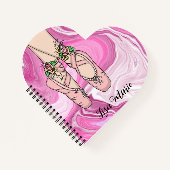 Personalized Ballet Slippers Pink and White Marble Notebook (Front)