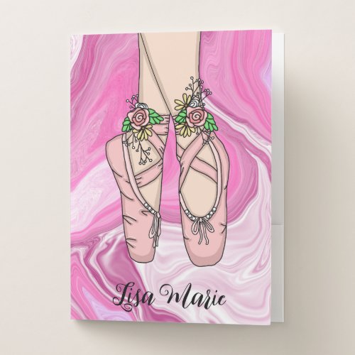 Personalized Ballet Slippers Pink and White Marble Pocket Folder