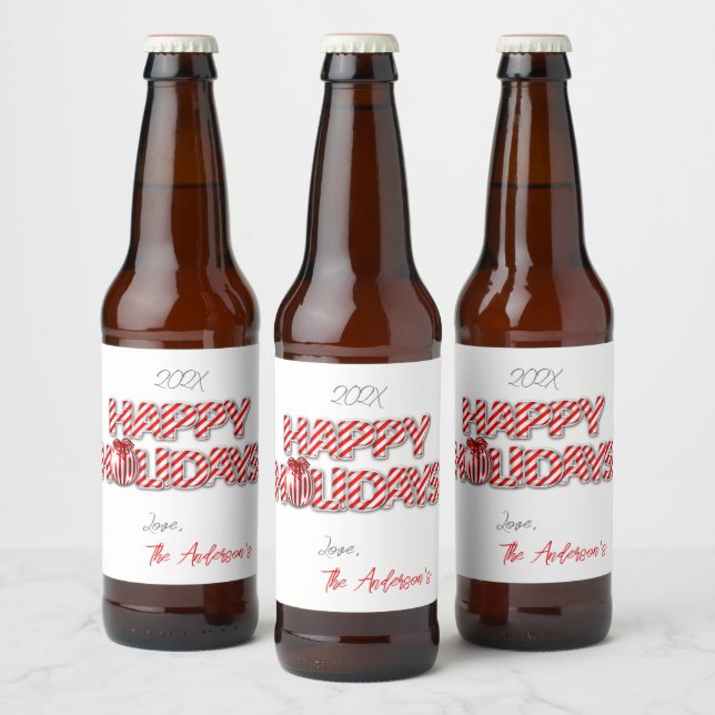 Personalized Balloon Happy Holidays Peppermint Beer Bottle Label (Bottles)