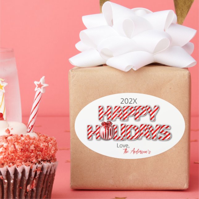 Personalized Balloon Happy Holidays Peppermint Oval Sticker (Party)