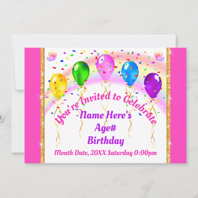 Personalized Balloon Invitations, Rainbow Invitation (Front)