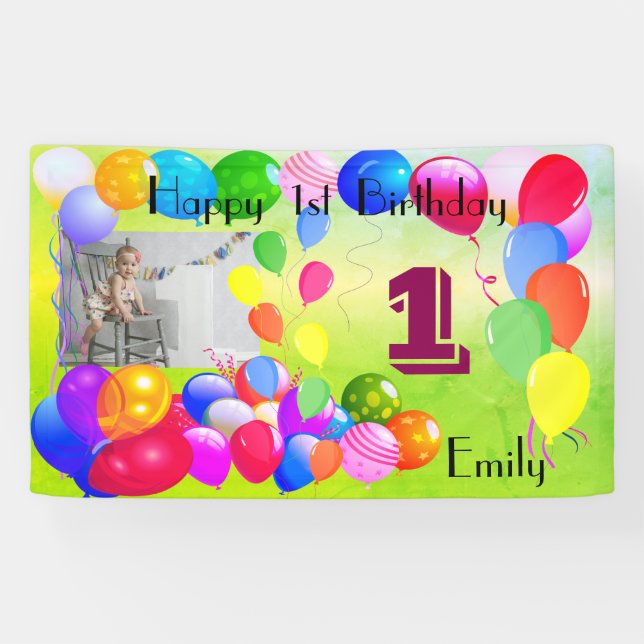 Personalized Balloons Design Happy 1st Birthday Banner (Horizontal)
