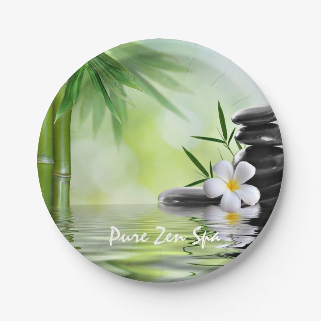 Personalized Bamboo Zen Stones Water Plumeria Paper Plates (Front)