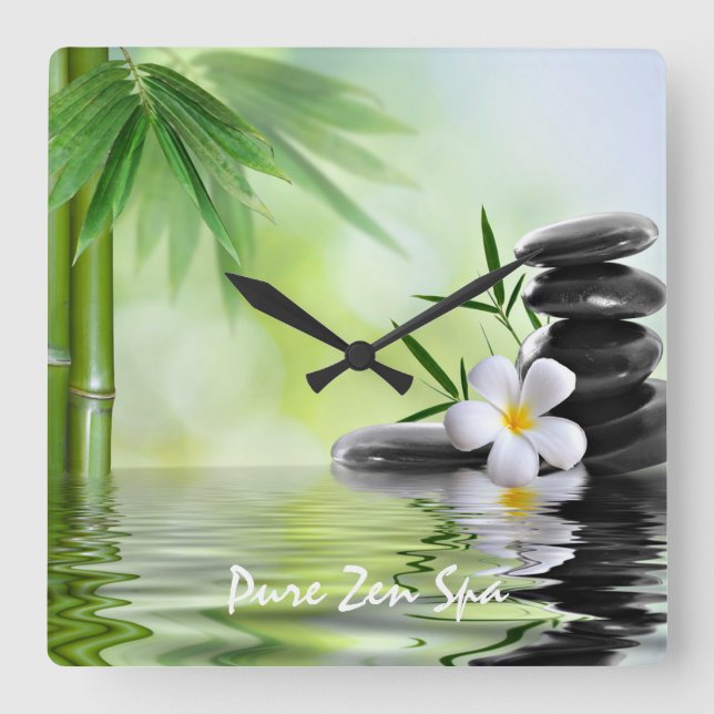 Personalized Bamboo Zen Stones Water Plumeria Square Wall Clock (Front)