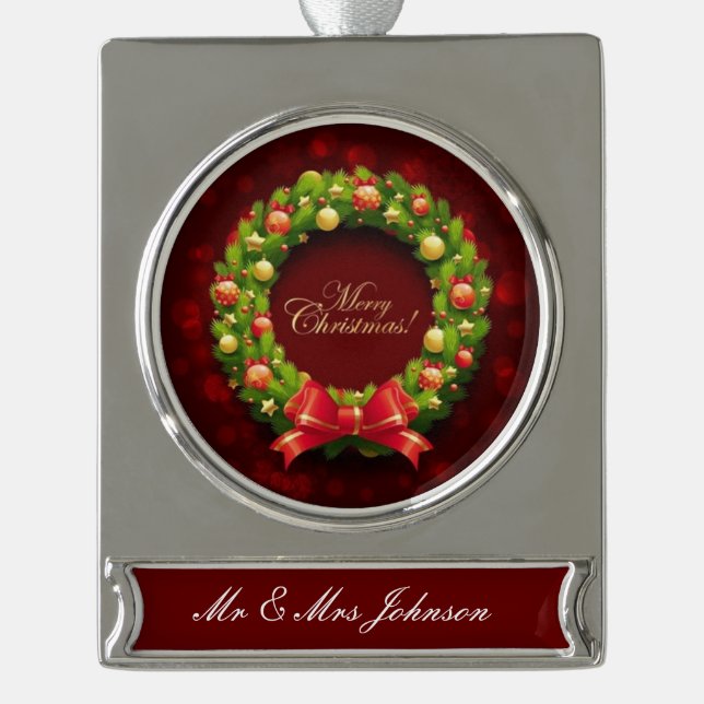 Personalized Banner Ornament Silver Plated/Wreath (Front)