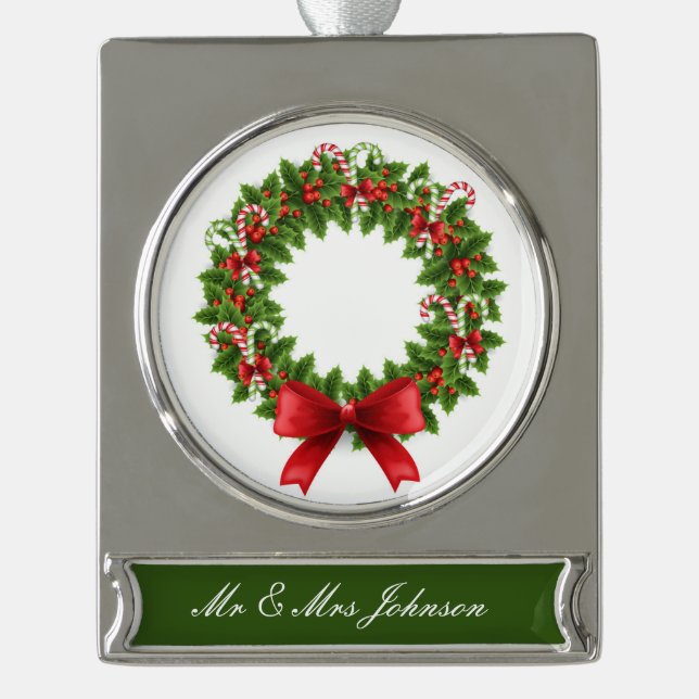 Personalized Banner Ornament Silver Plated/Wreath (Front)