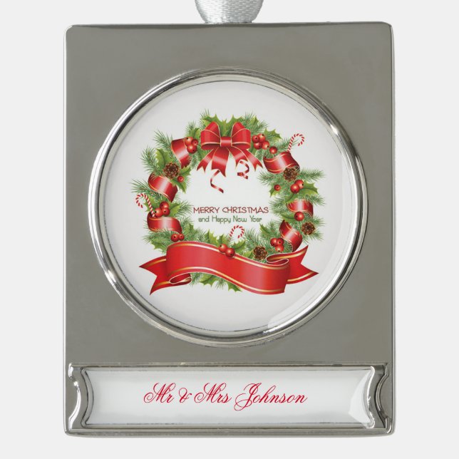 Personalized Banner Ornament Silver Plated/Wreath (Front)