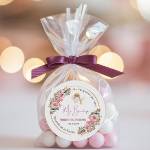 Personalized Baptism and Favors Gifts Pink Flowers Classic Round Sticker