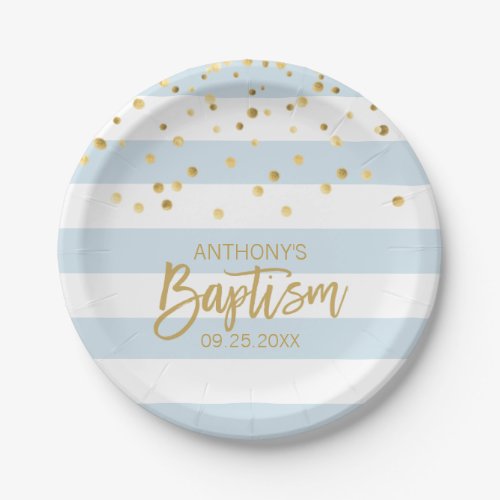 Personalized Baptism BOY Blue Gold Stripes Paper Plates