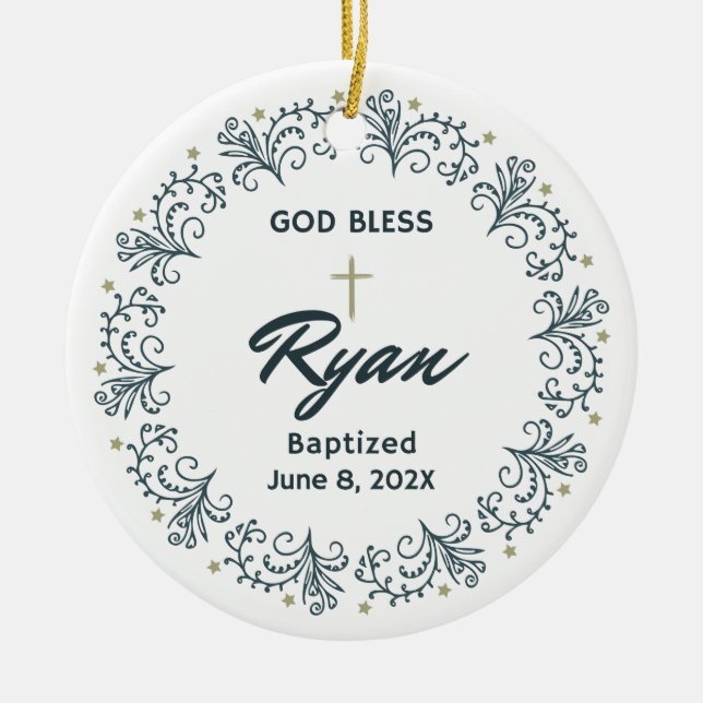 Personalized Baptism Boy Gift Photo Keepsake  Ceramic Ornament (Front)