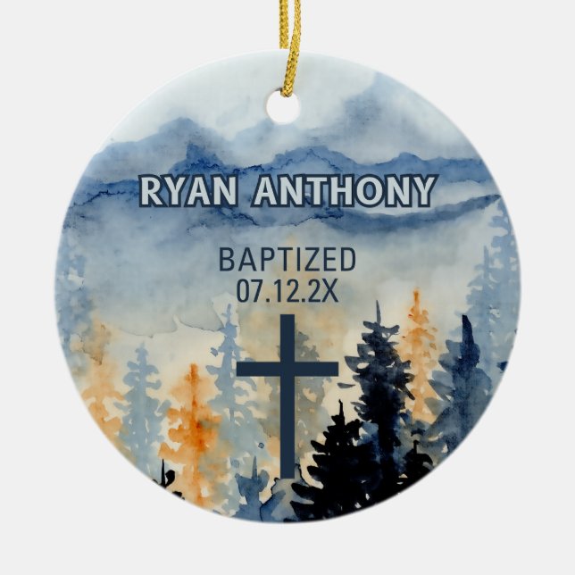 Personalized Baptism Boy Gift Watercolor Scenery  Ceramic Ornament (Front)
