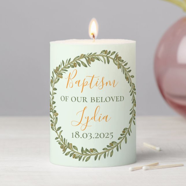 Personalized Baptism Candle with Olive Wreath (In Situ)
