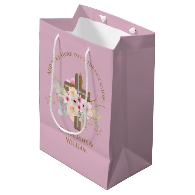Personalized Baptism & Christening Floral Cross Medium Gift Bag (Front Angled)