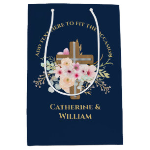 Personalized Baptism & Christening Floral Cross Medium Gift Bag