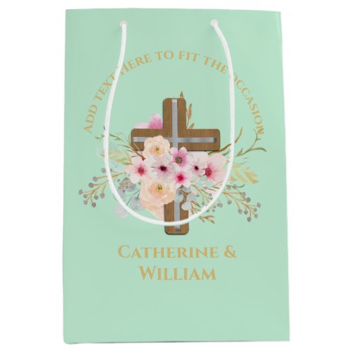 Personalized Baptism  Christening Floral Cross Medium Gift Bag
