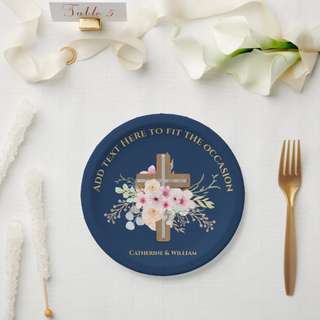 Personalized Baptism & Christening Floral Cross Paper Plates (Wedding)
