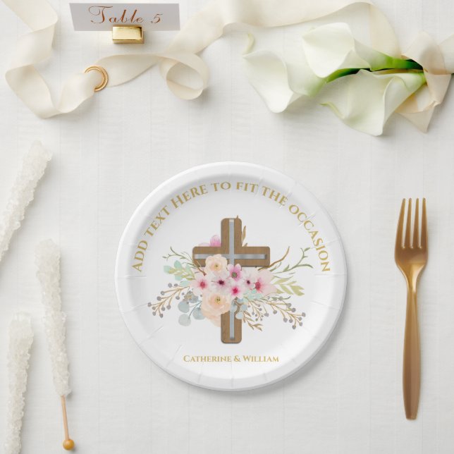 Personalized Baptism & Christening Floral Cross Paper Plates (Wedding)