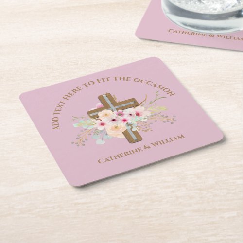 Personalized Baptism  Christening Floral Cross Square Paper Coaster