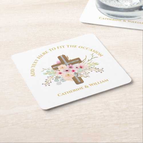 Personalized Baptism  Christening Floral Cross Square Paper Coaster