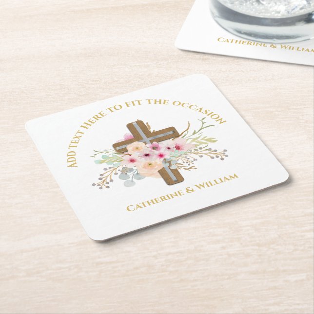 Personalized Baptism & Christening Floral Cross Square Paper Coaster (Angled)