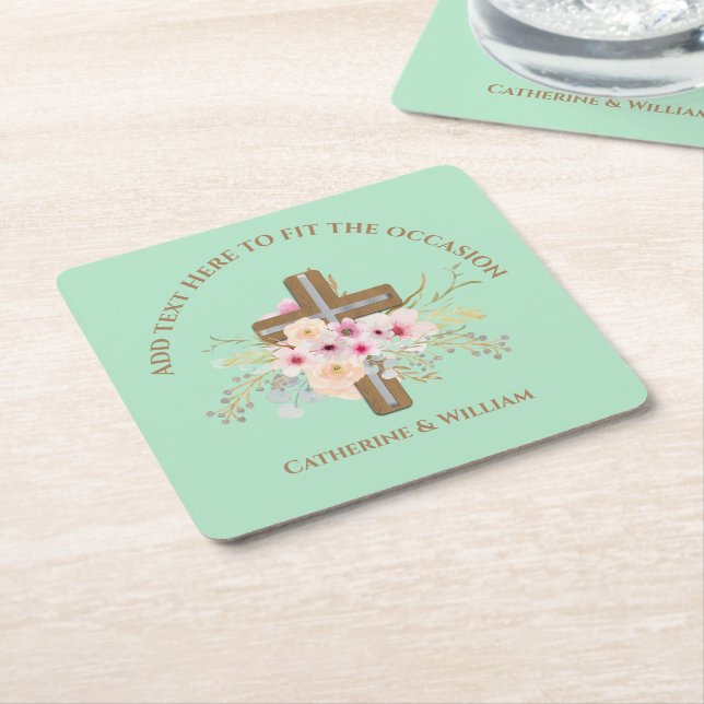 Personalized Baptism & Christening Floral Cross Square Paper Coaster (Angled)